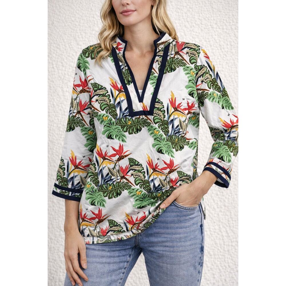 Brooks Brothers Tropical Floral Tunic Top Womens Size 6 Cotton V-Neck 3/4 Sleeve